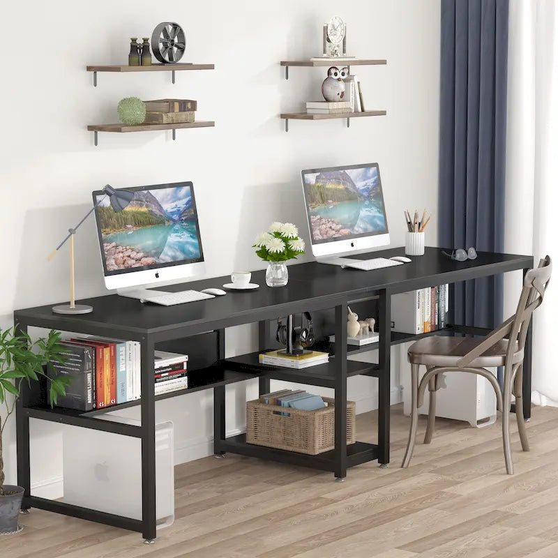 Bureau double pour ordinateur avec étagère 200 cm marron / noir / blanc – 2 personnes