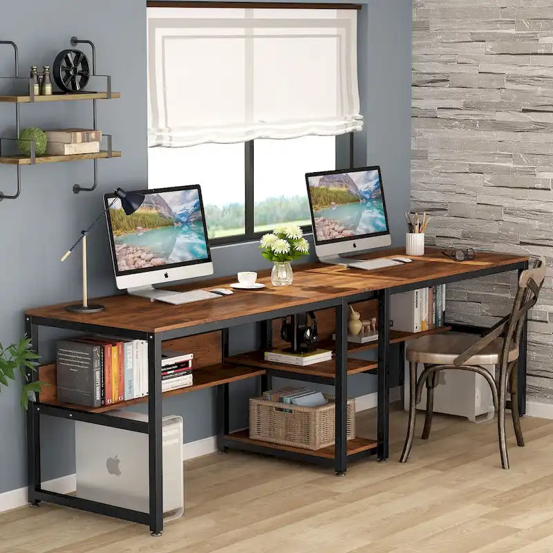 Bureau double pour ordinateur avec étagère 200 cm marron / noir / blanc – 2 personnes