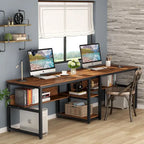 Bureau double pour ordinateur avec étagère 200 cm marron / noir / blanc – 2 personnes