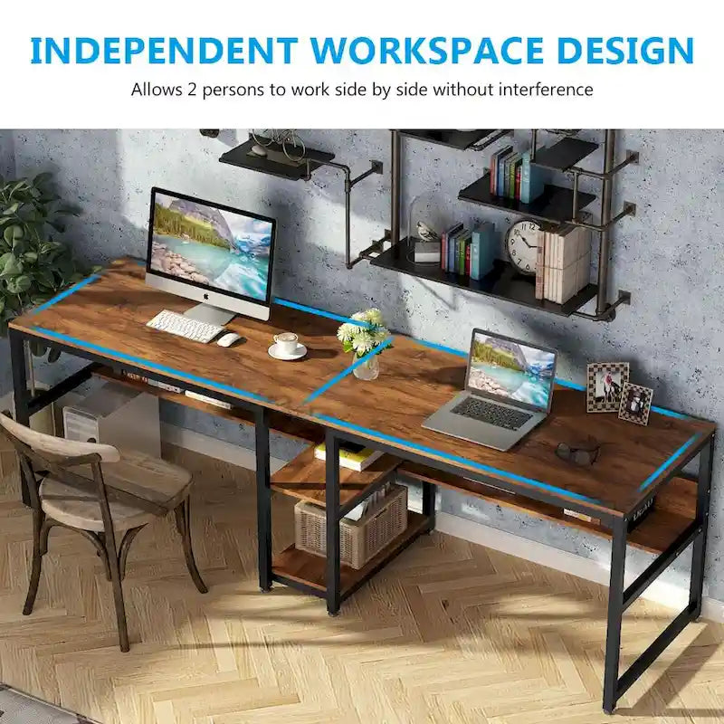 Bureau double pour ordinateur avec étagère 200 cm marron / noir / blanc – 2 personnes