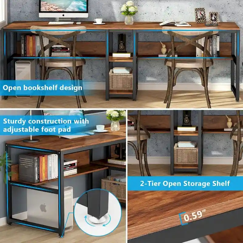 Bureau double pour ordinateur avec étagère 200 cm marron / noir / blanc – 2 personnes