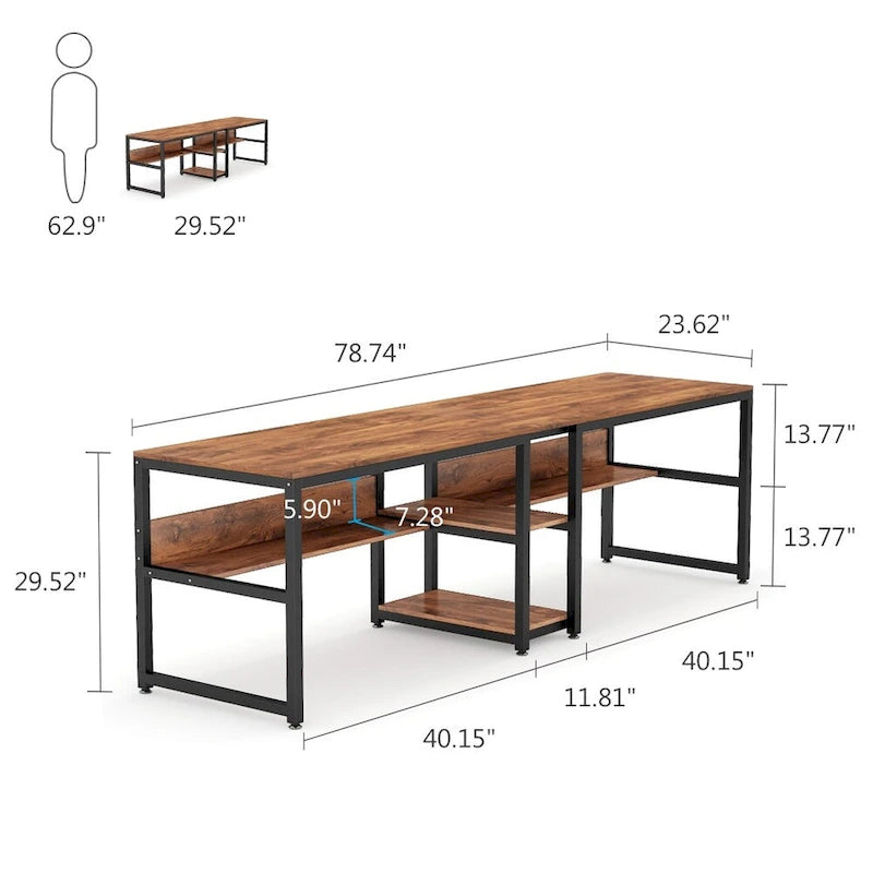 Bureau double pour ordinateur avec étagère 200 cm marron / noir / blanc – 2 personnes