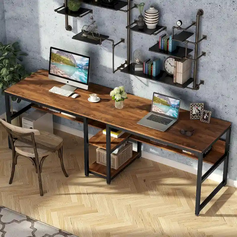 Bureau double pour ordinateur avec étagère 200 cm marron / noir / blanc – 2 personnes