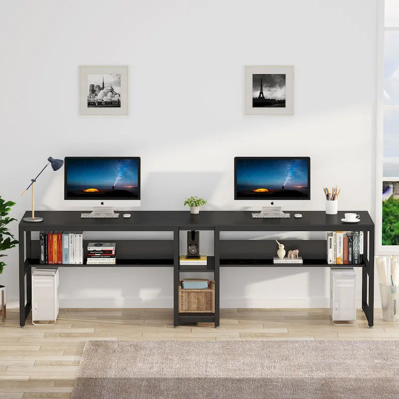 Bureau double pour ordinateur avec étagère 200 cm marron / noir / blanc – 2 personnes