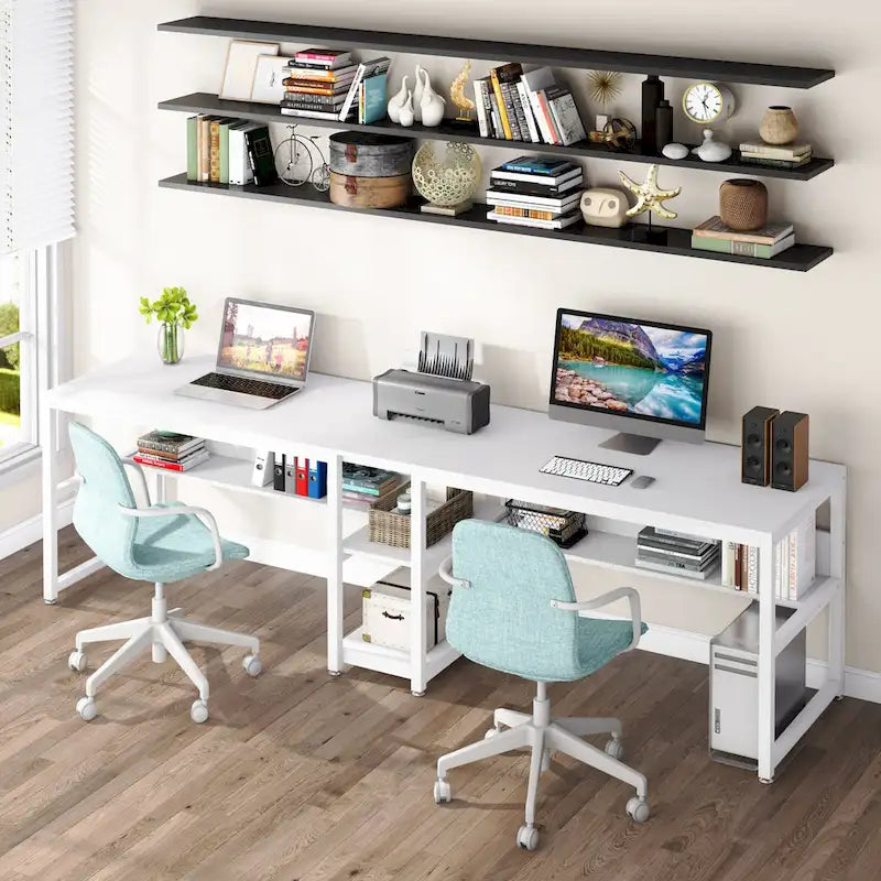Bureau double pour ordinateur avec étagère 200 cm marron / noir / blanc – 2 personnes