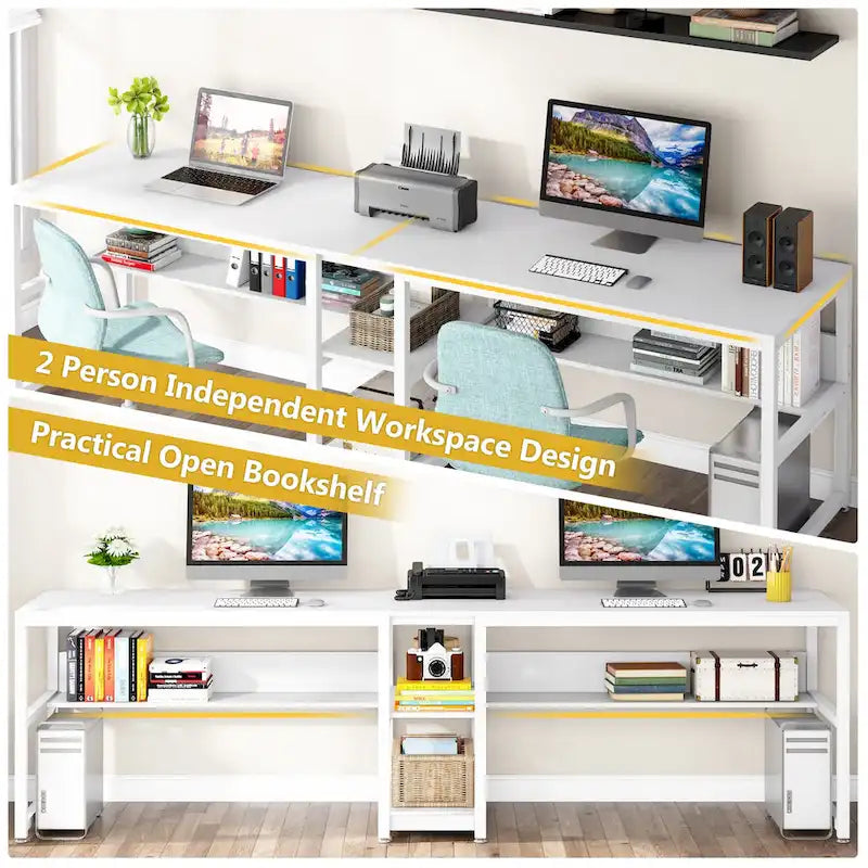 Bureau double pour ordinateur avec étagère 200 cm marron / noir / blanc – 2 personnes