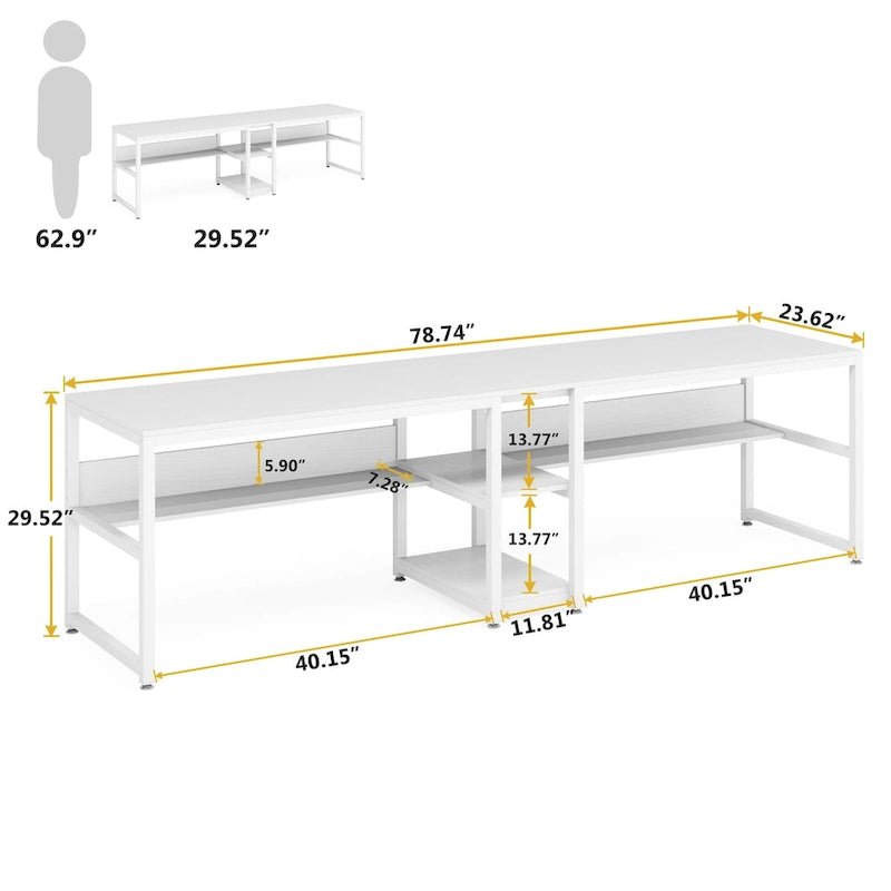 Bureau double pour ordinateur avec étagère 200 cm marron / noir / blanc – 2 personnes