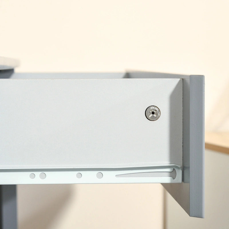 Bureau d'angle triangulaire noir/blanc/gris avec tiroir et 2 étagères ouvertes – Simple