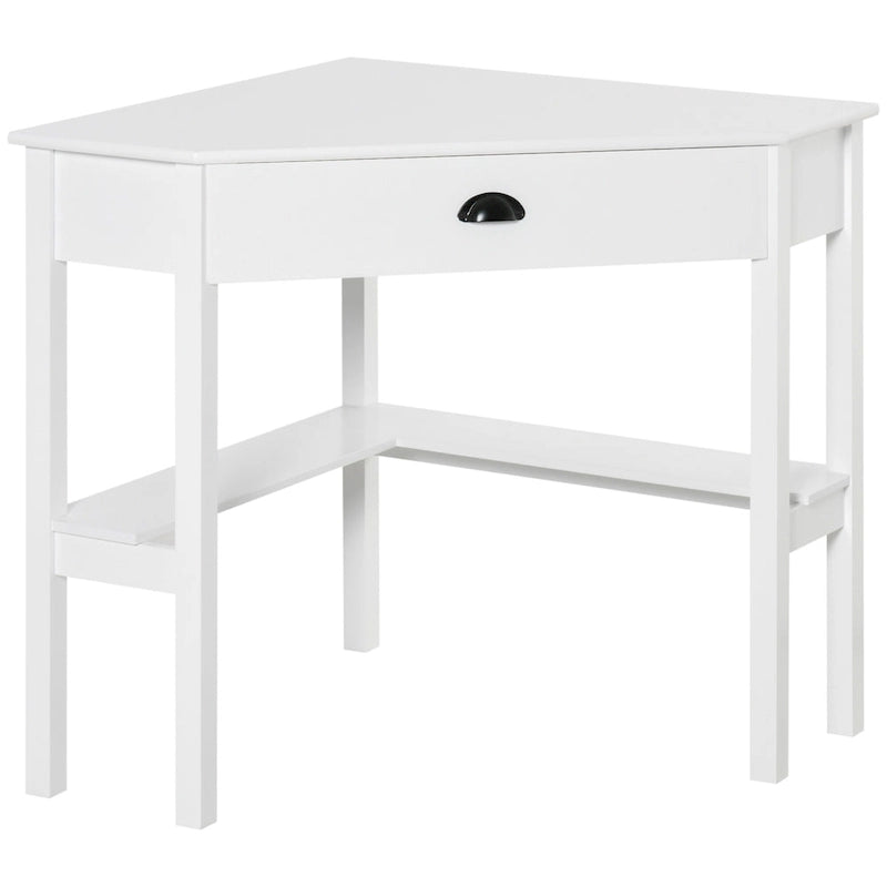 Bureau d'angle triangulaire noir/blanc/gris avec tiroir et 2 étagères ouvertes – Simple