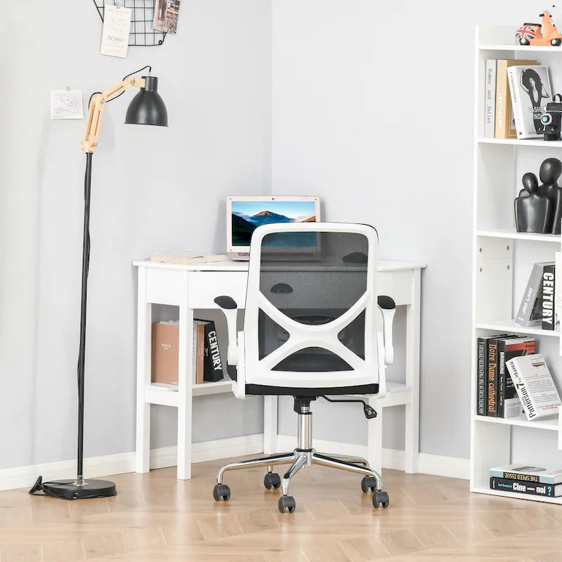 Bureau d'angle triangulaire noir/blanc/gris avec tiroir et 2 étagères ouvertes – Simple
