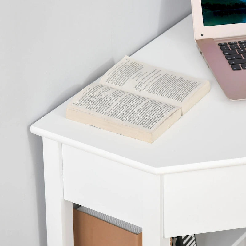 Bureau d'angle triangulaire noir/blanc/gris avec tiroir et 2 étagères ouvertes – Simple