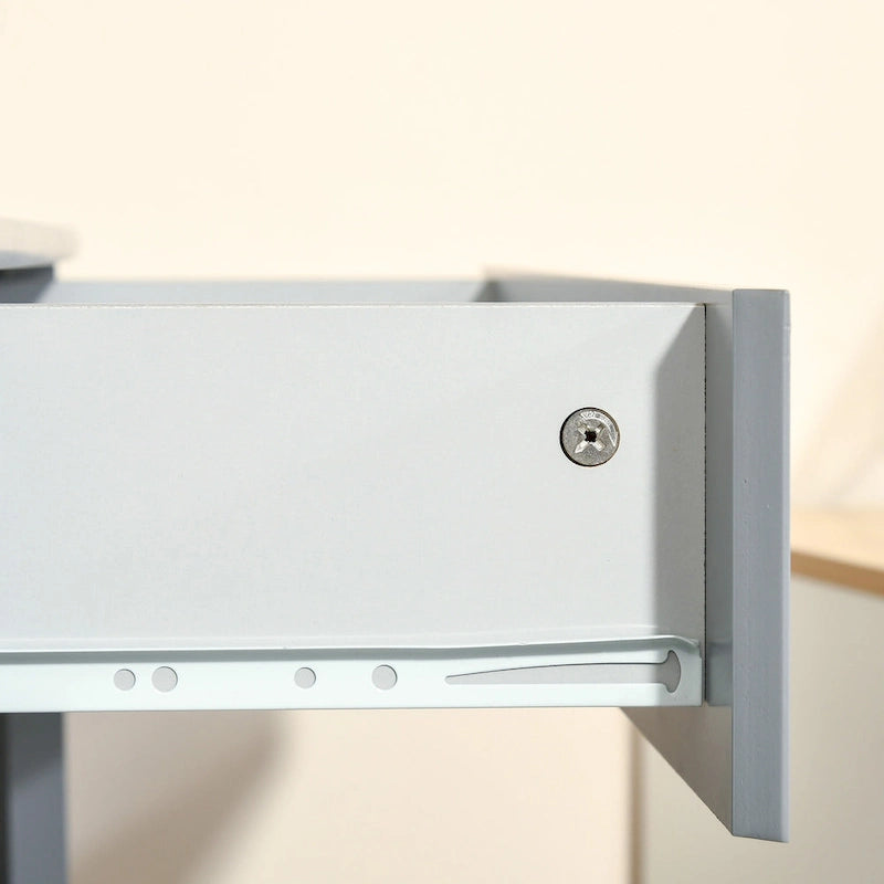 Bureau d'angle triangulaire noir/blanc/gris avec tiroir et 2 étagères ouvertes – Simple