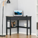 Bureau d'angle triangulaire noir/blanc/gris avec tiroir et 2 étagères ouvertes – Simple