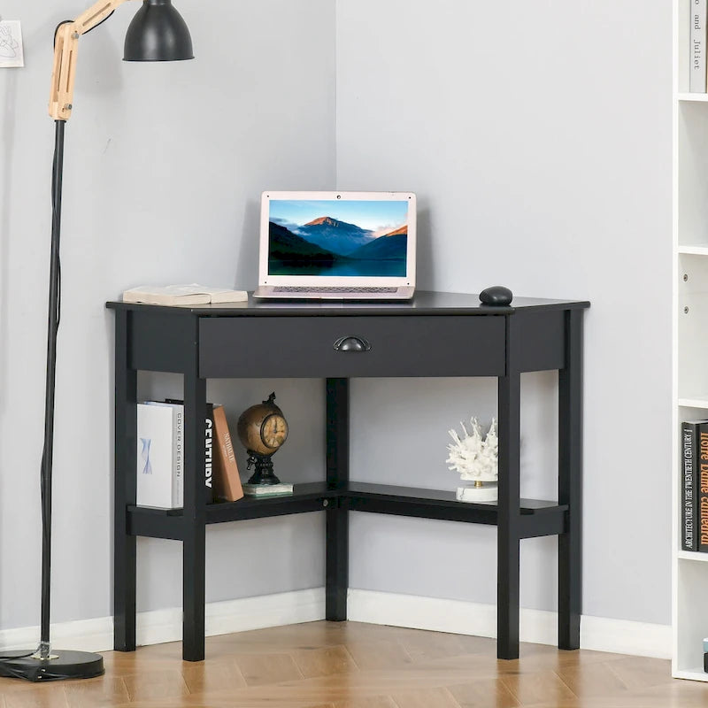 Bureau d'angle triangulaire noir/blanc/gris avec tiroir et 2 étagères ouvertes – Simple