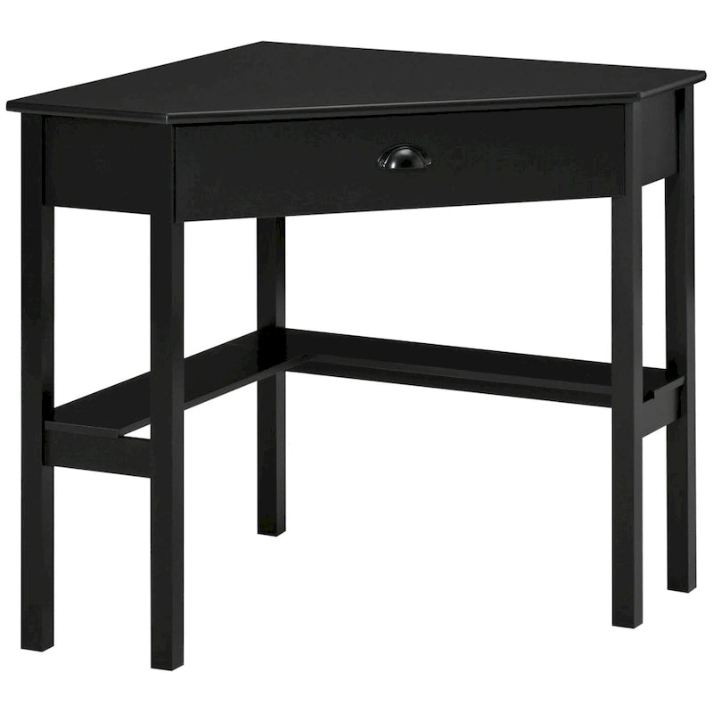 Bureau d'angle triangulaire noir/blanc/gris avec tiroir et 2 étagères ouvertes – Simple