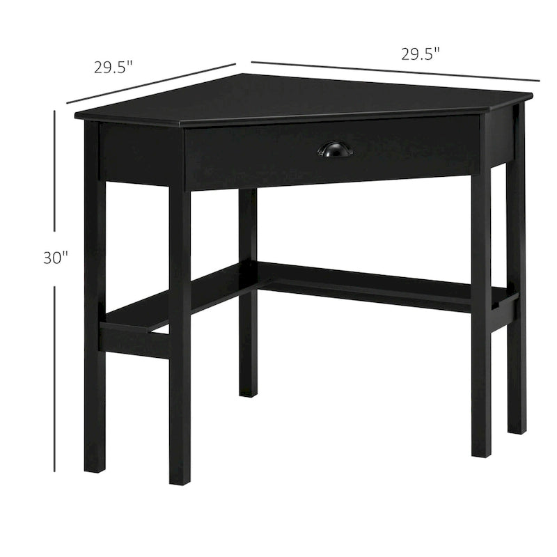 Bureau d'angle triangulaire noir/blanc/gris avec tiroir et 2 étagères ouvertes – Simple