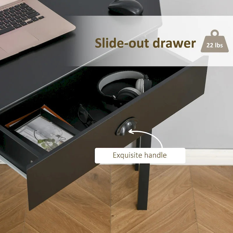 Bureau d'angle triangulaire noir/blanc/gris avec tiroir et 2 étagères ouvertes – Simple