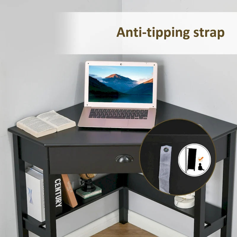 Bureau d'angle triangulaire noir/blanc/gris avec tiroir et 2 étagères ouvertes – Simple