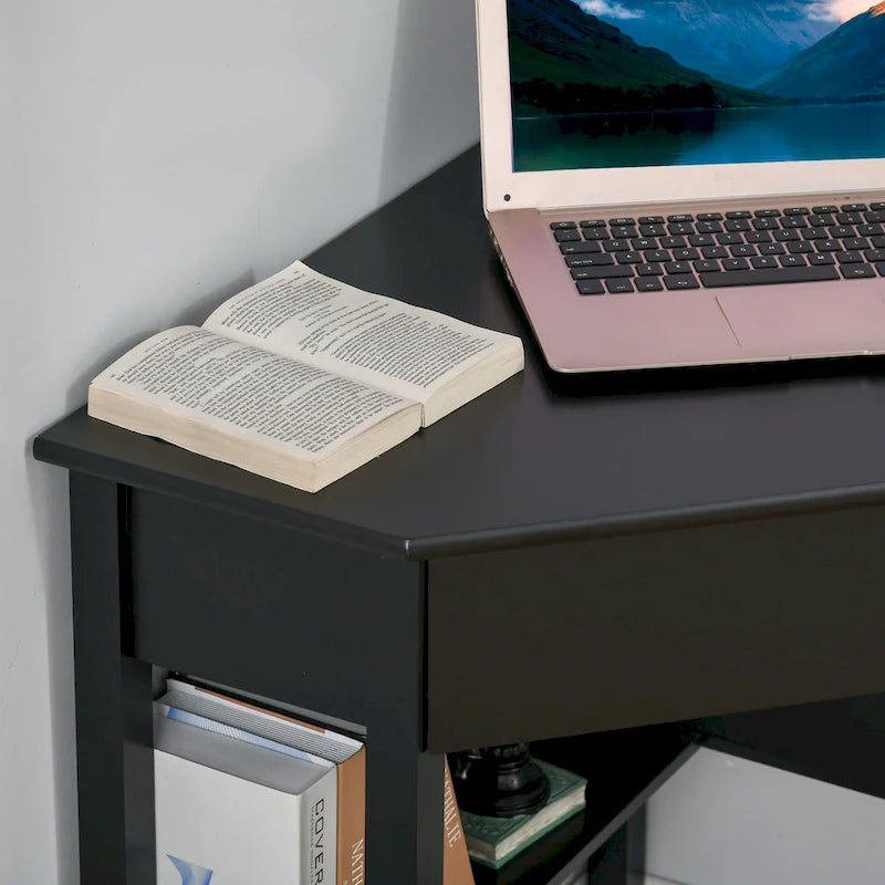 Bureau d'angle triangulaire noir/blanc/gris avec tiroir et 2 étagères ouvertes – Simple
