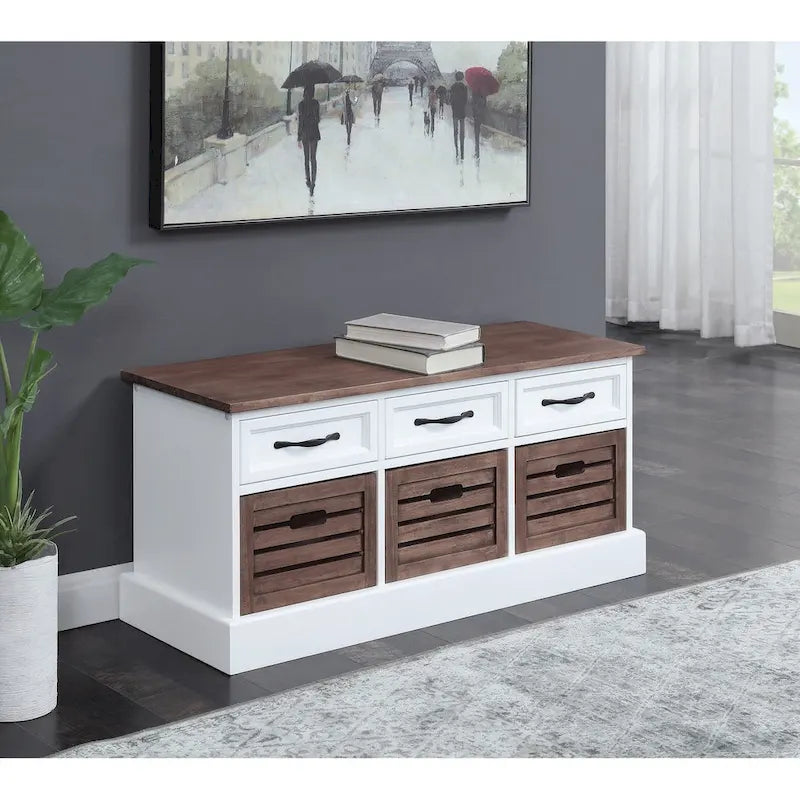 Banc de rangement blanc et cappuccino avec 3 tiroirs et 3 paniers – 1 place