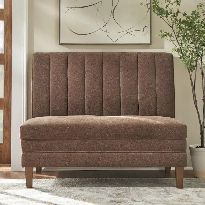 Banc capitonné en lin marron avec pieds en bois d'hévéa couleur noyer – 2 places