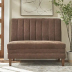 Banc capitonné en lin marron avec pieds en bois d'hévéa couleur noyer – 2 places