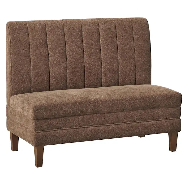 Banc capitonné en lin marron avec pieds en bois d'hévéa couleur noyer – 2 places