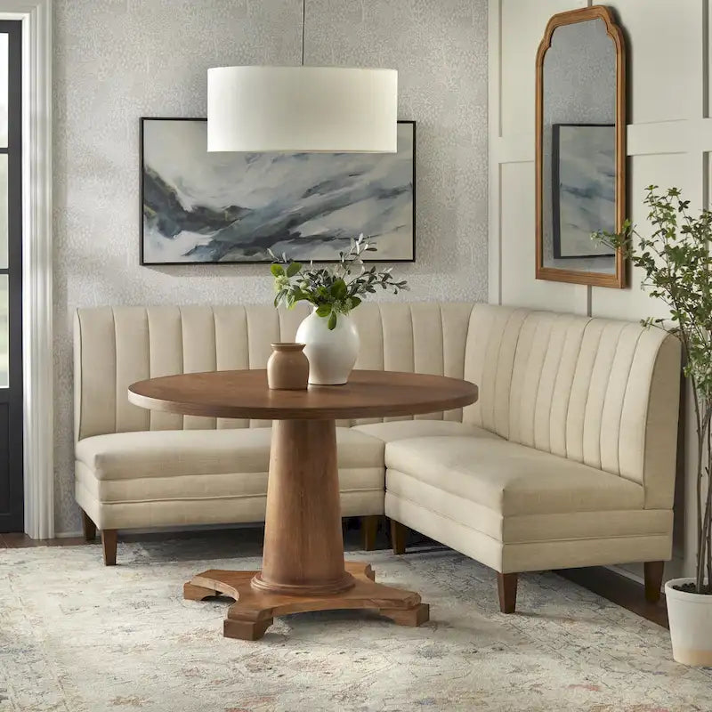 Banc capitonné en lin marron avec pieds en bois d'hévéa couleur noyer – 2 places