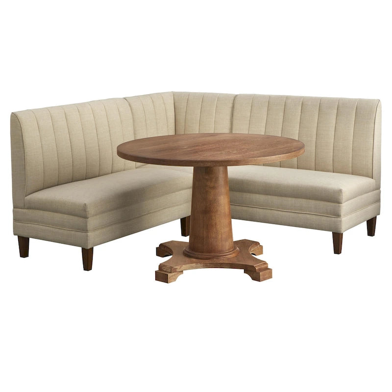 Banc capitonné en lin marron avec pieds en bois d'hévéa couleur noyer – 2 places