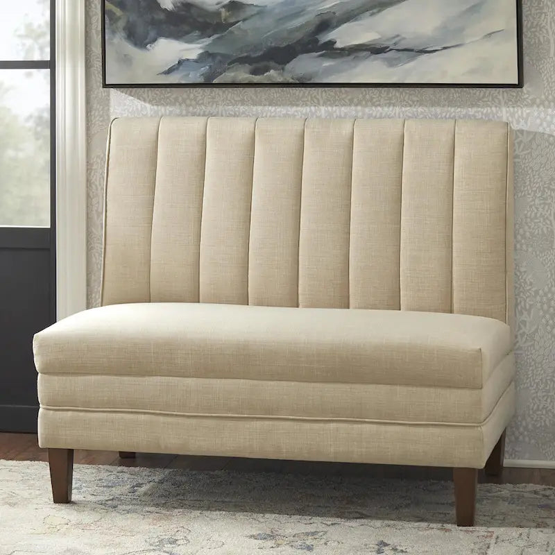 Banc capitonné en lin marron avec pieds en bois d'hévéa couleur noyer – 2 places