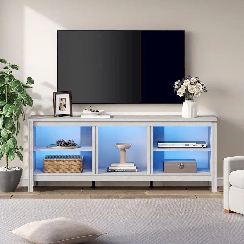 Meuble TV 70" Noir/Blanc avec 5 Niches et Lumières LED – Convient aux TV jusqu'à 75"