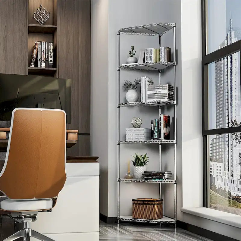 Étagère d'angle à 6 niveaux – Noir / Chrome / Blanc