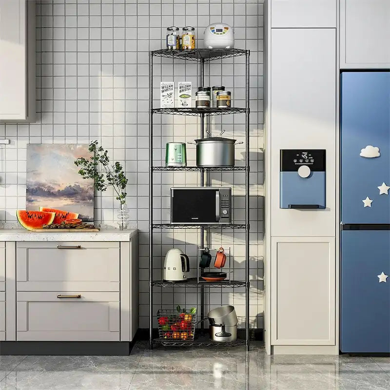 Étagère d'angle à 6 niveaux – Noir / Chrome / Blanc