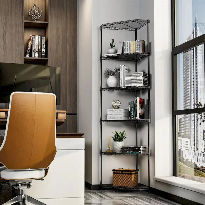 Étagère d'angle à 6 niveaux – Noir / Chrome / Blanc