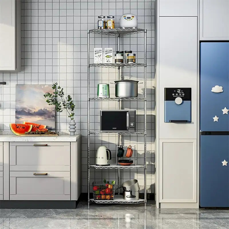 Étagère d'angle à 6 niveaux – Noir / Chrome / Blanc