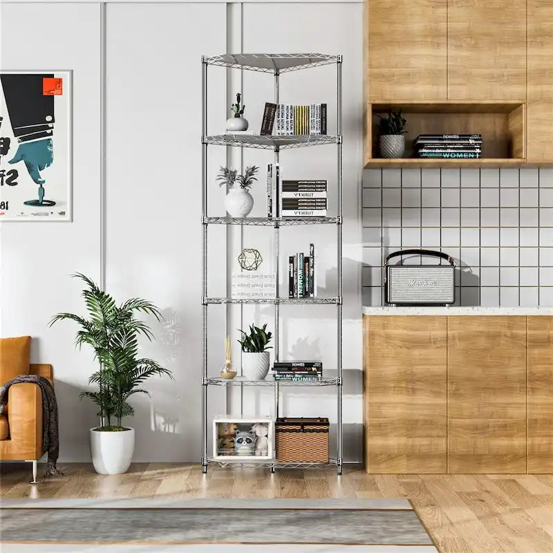 Étagère d'angle à 6 niveaux – Noir / Chrome / Blanc