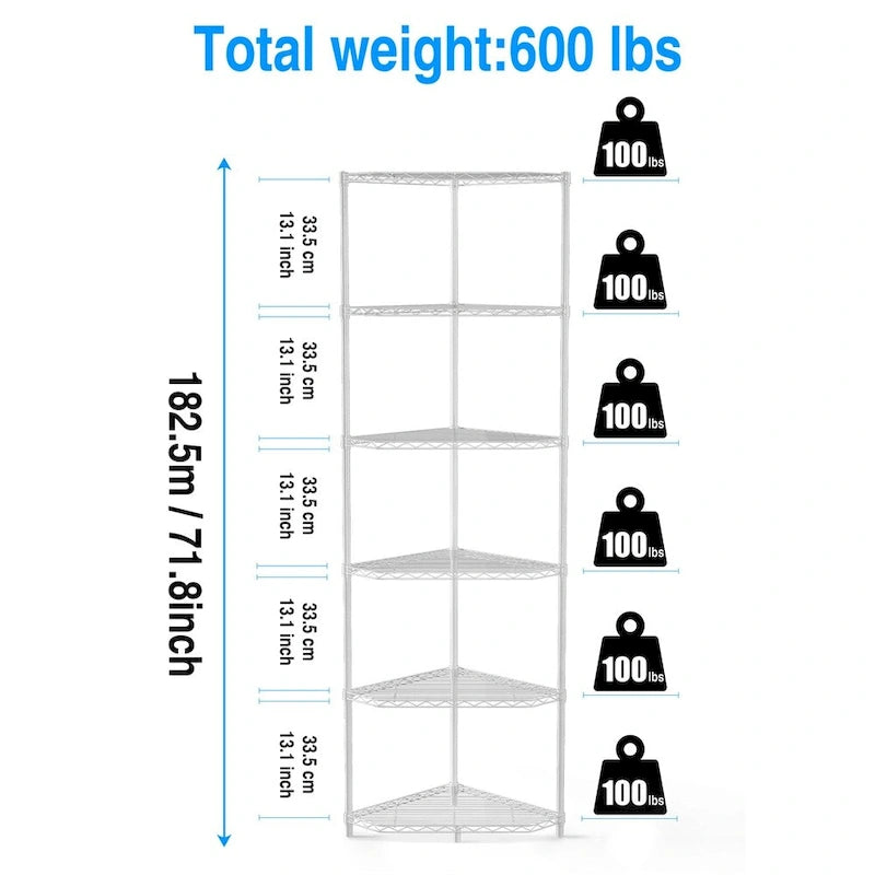 Étagère d'angle à 6 niveaux – Noir / Chrome / Blanc