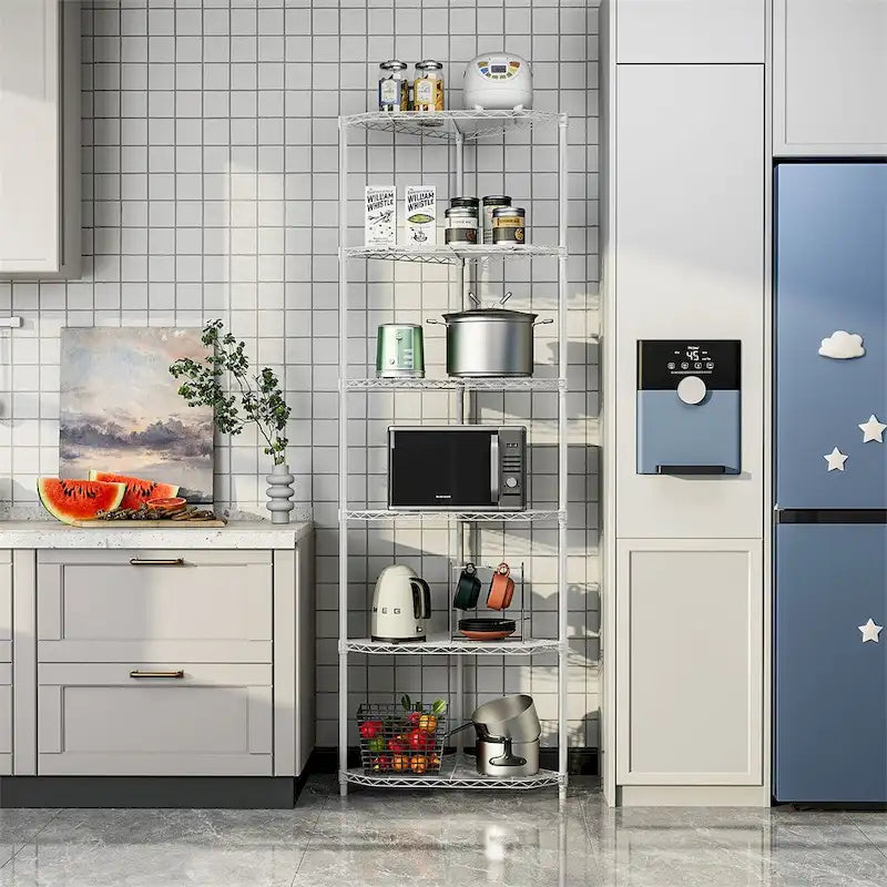 Étagère d'angle à 6 niveaux – Noir / Chrome / Blanc