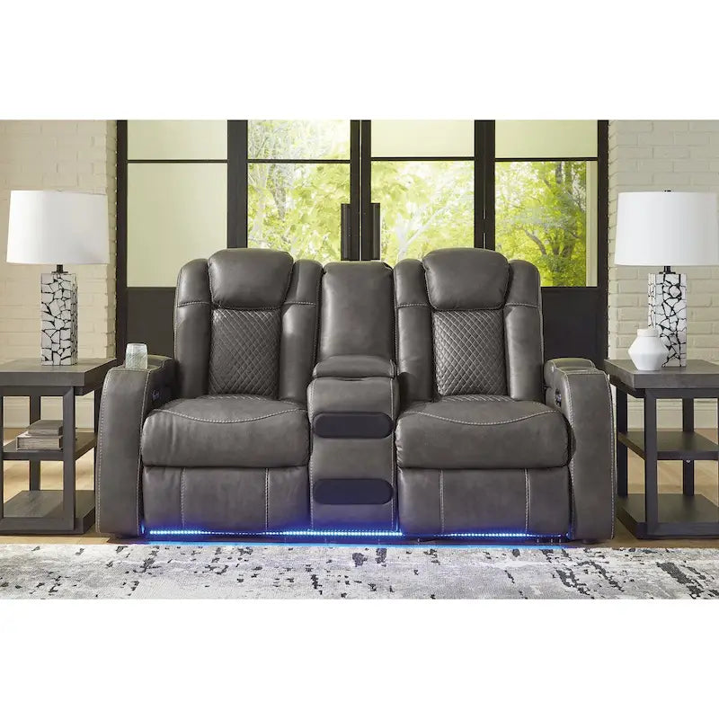 Causeuse inclinable électrique Shadow/Sapphire en similicuir avec console et lumières LED – 2 places
