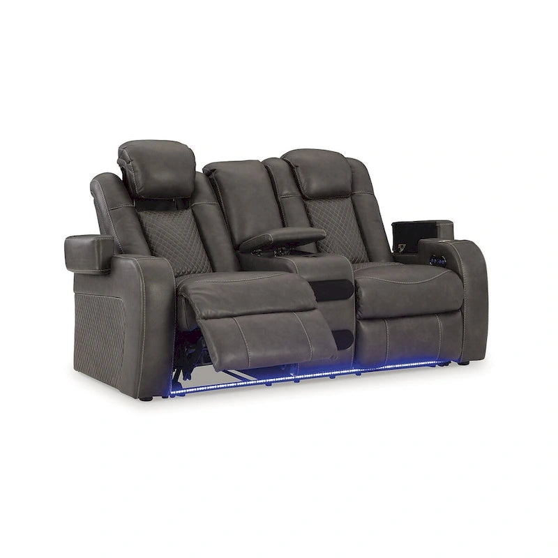 Causeuse inclinable électrique Shadow/Sapphire en similicuir avec console et lumières LED – 2 places
