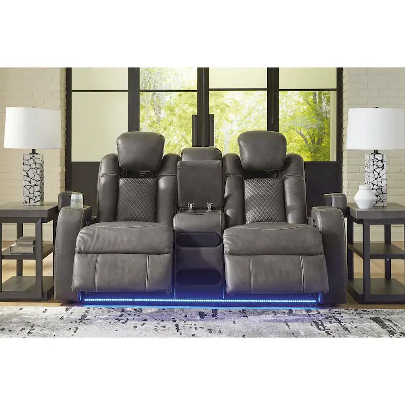 Causeuse inclinable électrique Shadow/Sapphire en similicuir avec console et lumières LED – 2 places