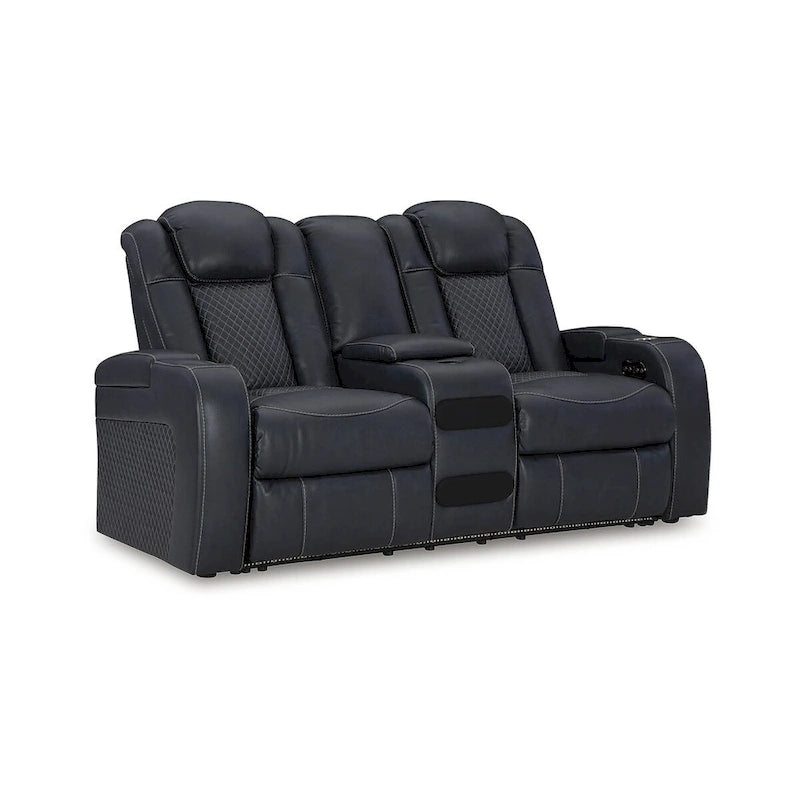 Causeuse inclinable électrique Shadow/Sapphire en similicuir avec console et lumières LED – 2 places