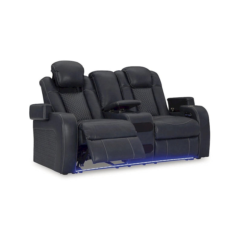Causeuse inclinable électrique Shadow/Sapphire en similicuir avec console et lumières LED – 2 places