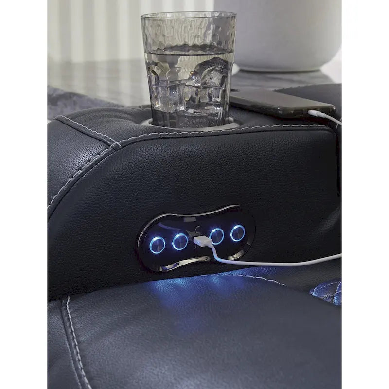 Causeuse inclinable électrique Shadow/Sapphire en similicuir avec console et lumières LED – 2 places