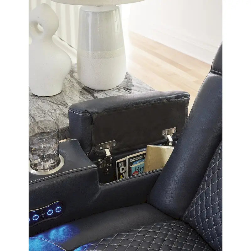 Causeuse inclinable électrique Shadow/Sapphire en similicuir avec console et lumières LED – 2 places