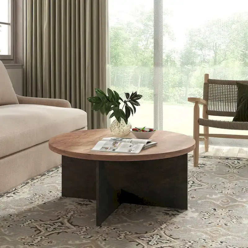 Table basse ronde en bois naturel avec pieds croisés – 2 tailles