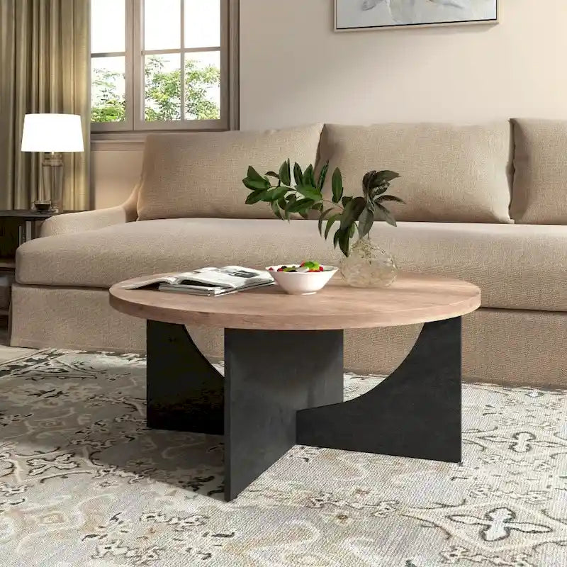 Table basse ronde en bois naturel avec pieds croisés – 2 tailles