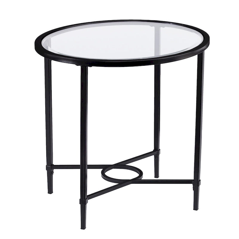 Table d'appoint ovale en verre trempé noir et transparent avec base en fer – Simple