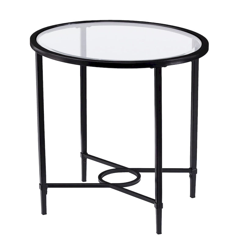 Table d'appoint ovale en verre trempé noir et transparent avec base en fer – Simple