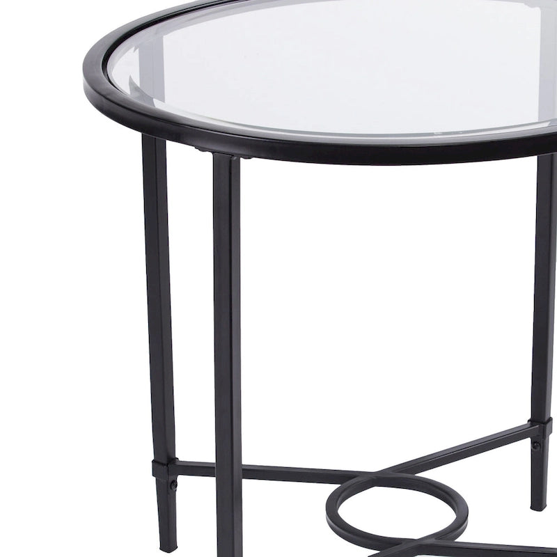Table d'appoint ovale en verre trempé noir et transparent avec base en fer – Simple